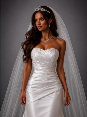 David’s Bridal Wedding Dress Size 12-14 White Strapless Satin Beaded LNWT